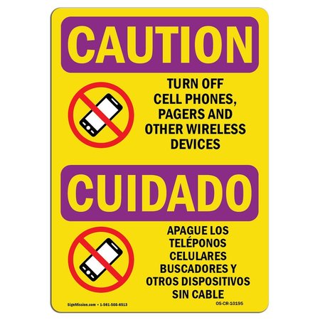 SIGNMISSION OSHA CAUTION RADIATION Sign, Turn Off Cell Phones Bilingual, 7in X 5in Decal, 5" H, 7" W, Landscape OS-CR-D-57-L-10195